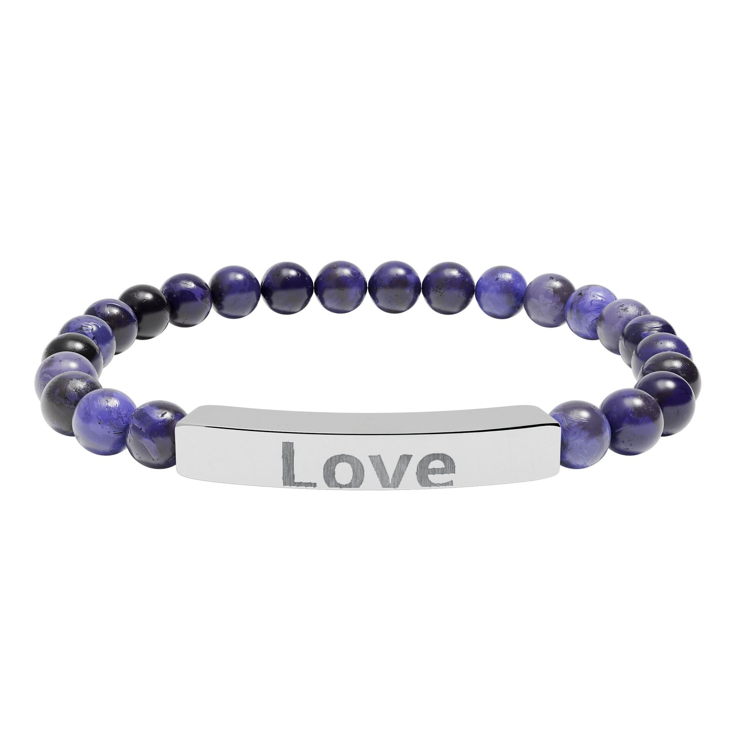 Engraved 'Love' Natural Stone Stretch Bar Bracelet — Beaded Healing Stone Bracelet