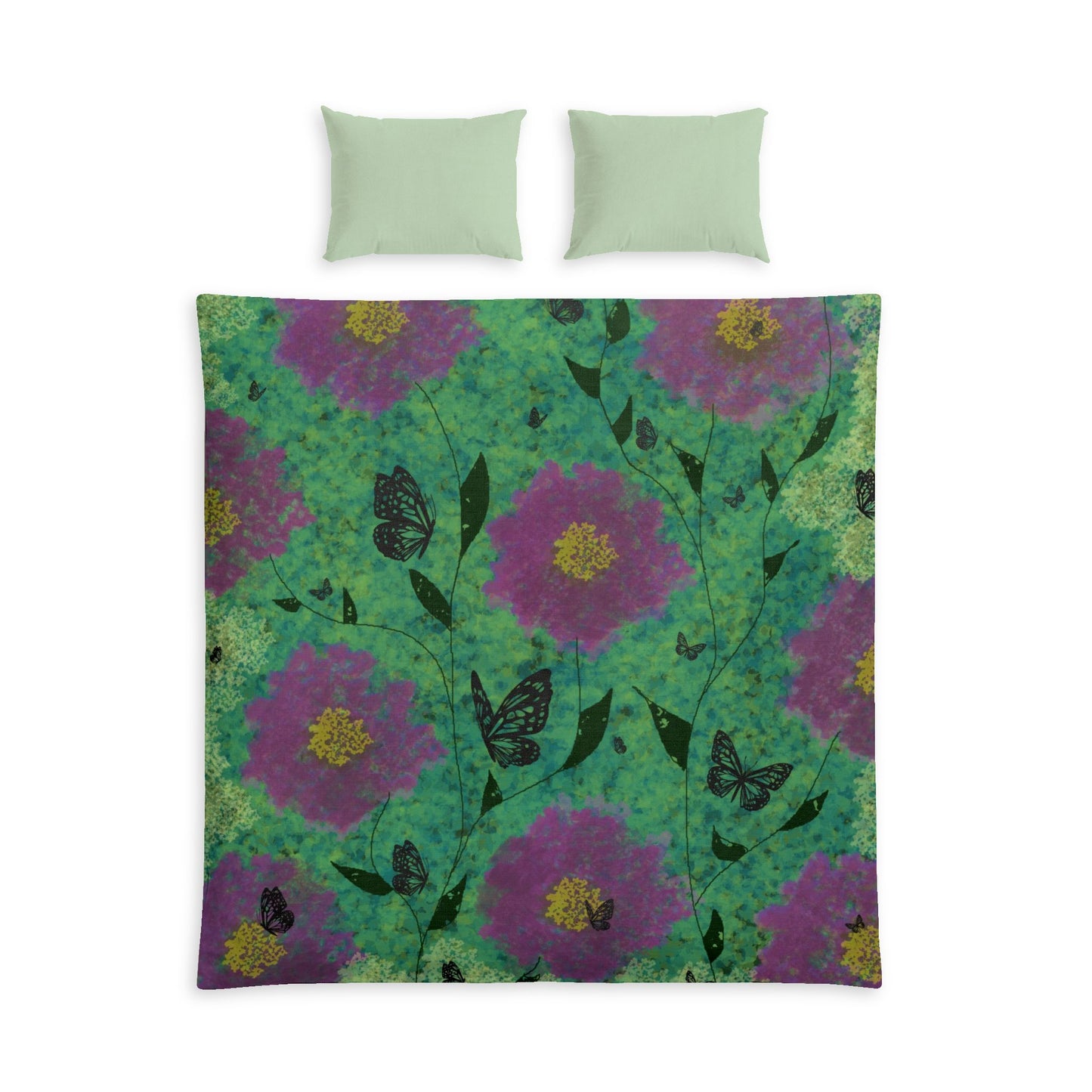 Floral Butterfly Cotton Duvet Cover - Purple Green Garden Bedding Set