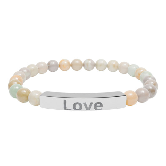 Engraved 'Love' Natural Stone Stretch Bar Bracelet — Beaded Healing Stone Bracelet